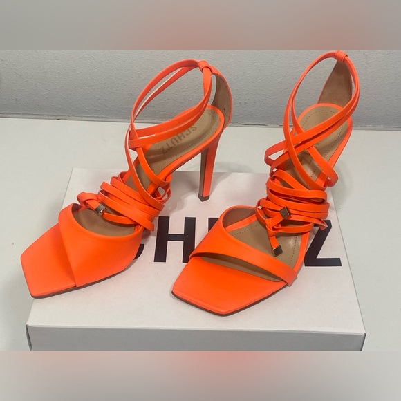 SCHUTZ Bryce Leather Strap Ankle-Wrap Sandal in Acid Orange Womens Sz: Multiple - Picture 12 of 12